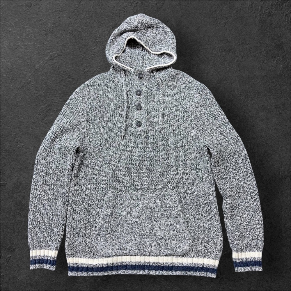 American Eagle Mens L Grey Marled Knit Henley Hoodie Sweater Striped Trim Ribbed